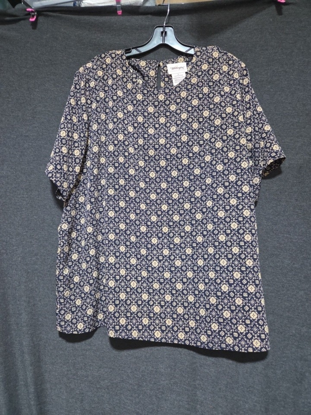 Worthington  Navy Floral Pattern Short-Sleeve Top Work Casual